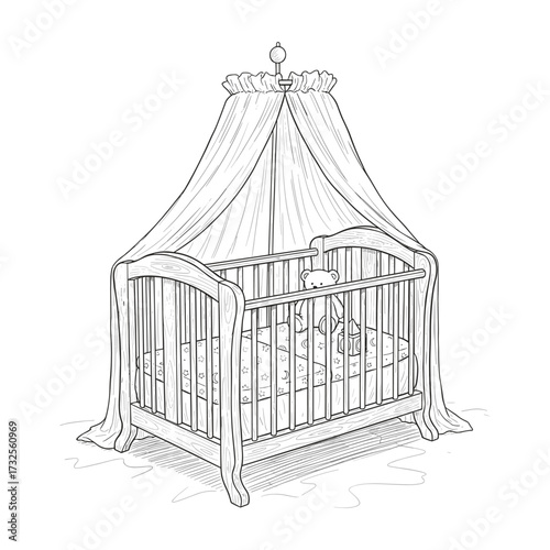 Baby crib with canopy and teddy bear in line art style in black and white