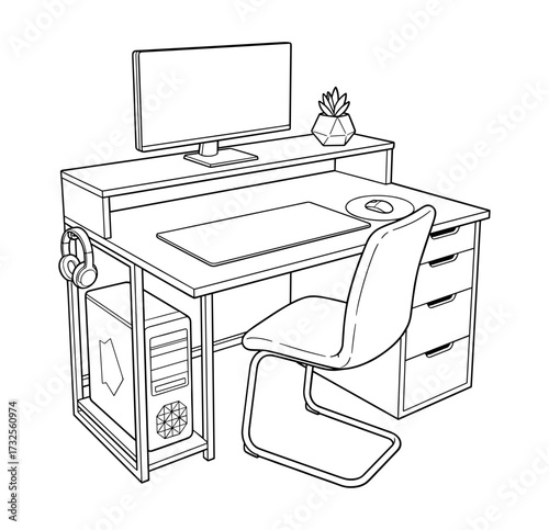 Computer desk with monitor and chair in line art style in black and white