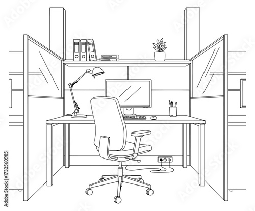 Office cubicle with desk and computer in line art style in black and white