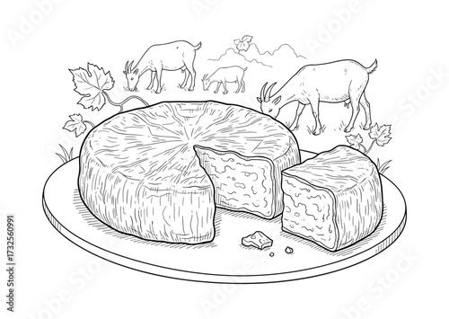 Goat cheese wheel with goats in background in line art style in black and white