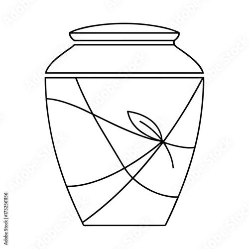 Urn with leaf design in line art style in black and white