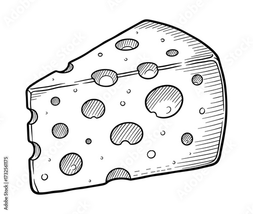 Cheese slice in line art style in black and white