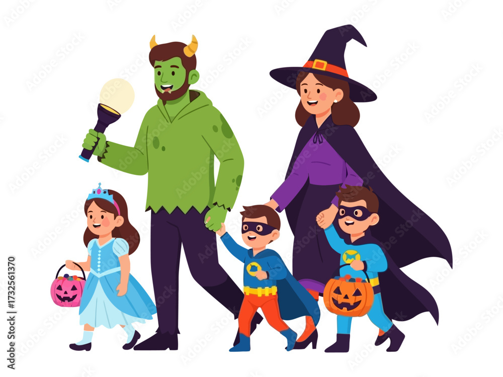 Family Halloween Outing: A vibrant illustration captures a family, all in costume, embarking on a spirited trick-or-treat adventure, evoking feelings of joy, camaraderie and holiday fun.