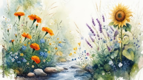 Watercolor painting of a vibrant garden with sunflowers and flowers.