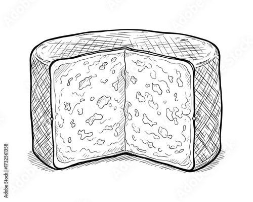 Wheel of Cheese in detailed line art style, black and white