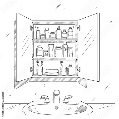 Medicine Cabinet with Bathroom Sink in detailed line art style, black and white
