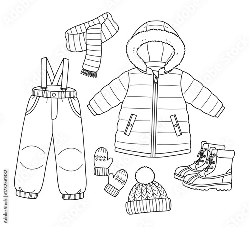 Winter Clothing Set for Kids in minimalist line art style, black and white