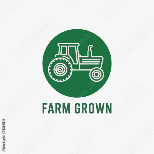 This logo illustrates a green circular design with a farm tractor icon, representing agriculture, sustainability, and the essence of farm-grown produce effectively.
