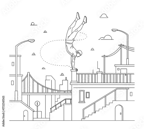 Athlete doing handstand on urban structure in line art style with black and white