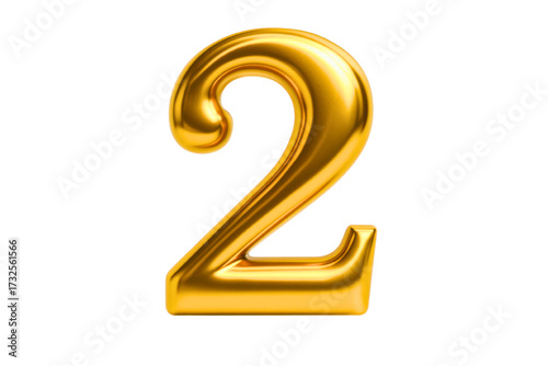 Bold golden two on a clean white backdrop, perfect for celebratory designs, shining metallic number two for anniversaries, vibrant numeral for graphics