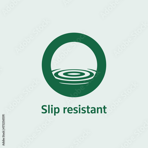 An abstract design featuring ripples within a circle conveys the slip-resistant property, ensuring safety in various environments while maintaining a clean aesthetic for products.