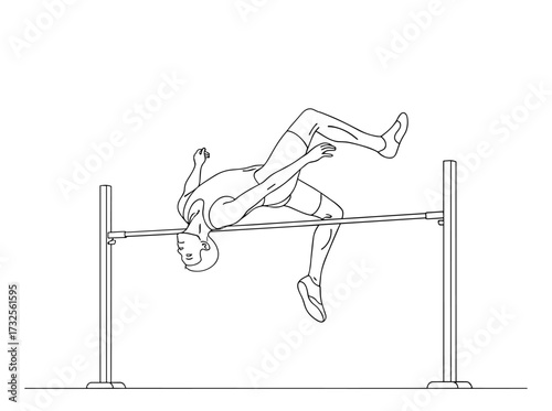 Athlete performing high jump in line art style with black and white