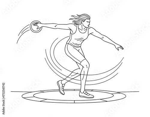 Athlete throwing discus in line art style with black and white