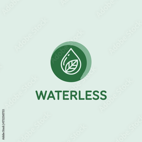 A stylized waterless icon featuring a green leaf and circular backdrop, ideal for branding materials and representing eco-conscious initiatives in design.