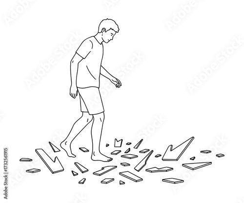 Man walking on broken glass shards in line art style, black and white