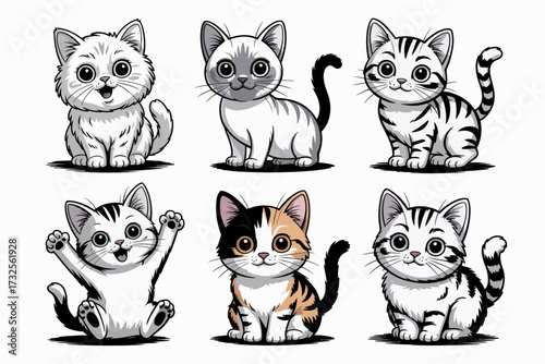 A delightful collection of adorable cartoon cat characters, each showcasing different expressions and poses, emphasizing cuteness and playfulness.