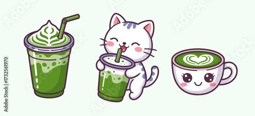 This cute kawaii cat illustration features a delighted cat happily sipping on matcha drinks, capturing a playful essence that resonates with lovers of cute art and beverages.