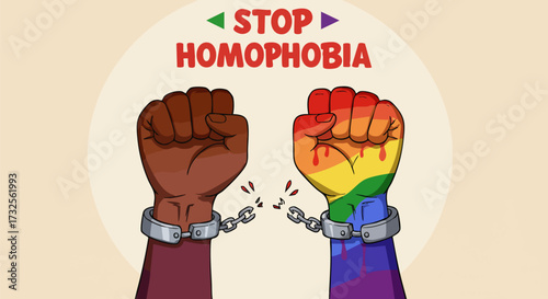 Two fists breaking chains symbolizing the fight against homophobia and discrimination