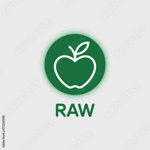 This design showcases a stylized representation of an apple within a circular green logo, emphasizing health, freshness, and the essence of raw food products.