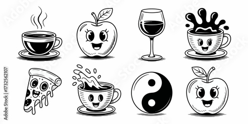 This vibrant image features various adorable food and drink characters, including coffee, wine, pizza, and apples, each with cute smiling faces and playful elements.