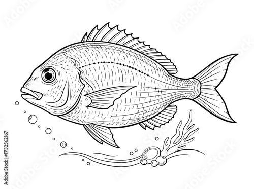 Sea ​​bream fish swimming with bubbles in line art style in black and white