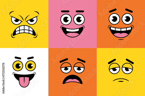 A vibrant display of six expressive emojis showcasing a range of human emotions such as happiness, sadness, anger, and surprise in a colorful grid format.