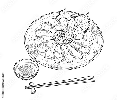 Sashimi platter illustration in black and white line art style