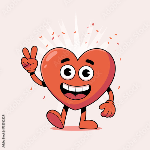 This lively cartoon heart character joyfully displays a peace sign while surrounded by colorful confetti, symbolizing celebration and happiness.