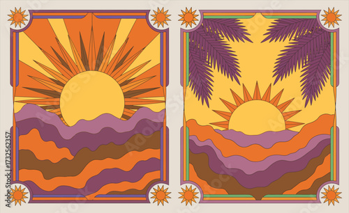 This vibrant artwork features sunrises over abstract waves, showcasing a warm palette that evokes feelings of joy and inspiration through its playful and lively design.