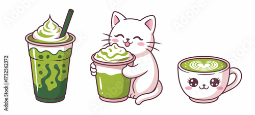 An adorable illustration features a cute cat joyfully holding different matcha drinks. This charming design embodies a whimsical spirit, appealing to fans of playful art and cats.