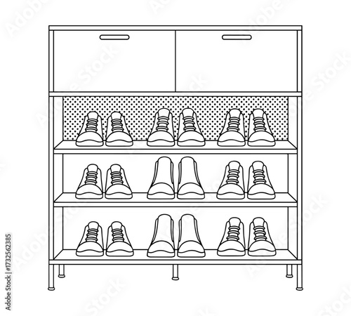 Shoe rack outline drawing in black and white