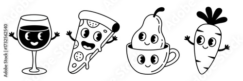 This whimsical image showcases vibrant food characters, including a drink, pizza, pear, and cup, all joyfully displaying arms and smiles to create a playful atmosphere of friendliness.