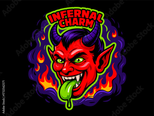 Evil devil head with horns and flames cartoon vector illustration, scary mascot design for sticker, t-shirt, logo, poster, banner, greeting card, clipart. Halloween cartoon devil head character