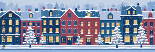 This image showcases a serene snowy street view filled with charming houses and beautiful holiday decorations, evoking feelings of nostalgia and warmth.