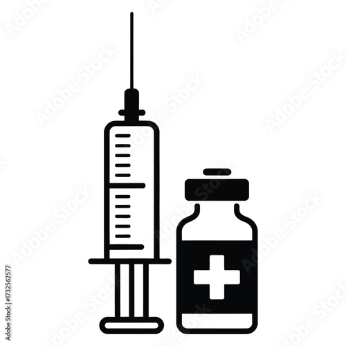 Simple black and white icon of a medical syringe and vaccine vial with cross symbol