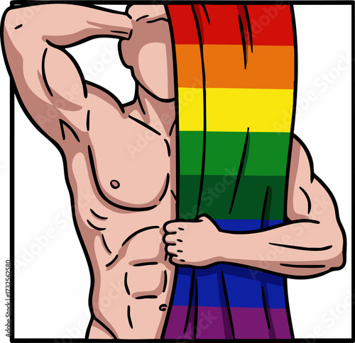 Muscular man holding a rainbow pride flag representing lgbtq+ rights and freedom