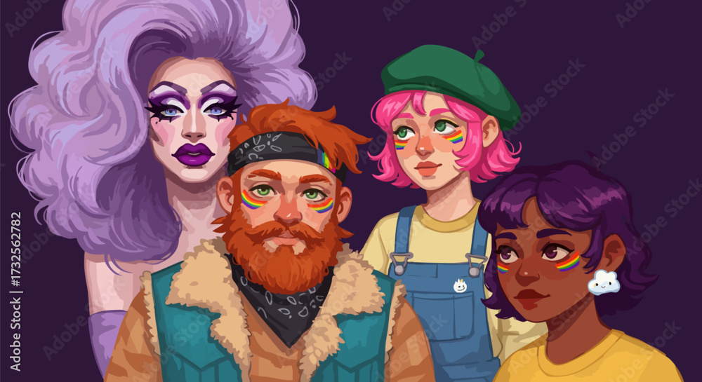 Fototapeta premium Diverse group of friends celebrating pride with rainbow face paint and colorful hair