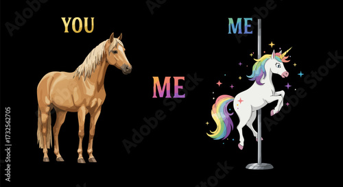 Humorous comparison of a horse and a unicorn on a pole against a black background