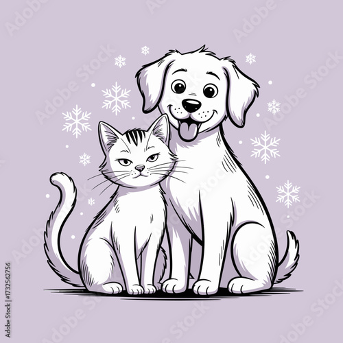 This charming illustration features a playful cat and a friendly dog sitting side by side amidst whimsical snowflakes, showcasing their beautiful friendship during winter.