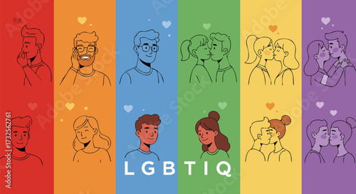Diverse lgbtiq couples expressing love and affection in a colorful illustration