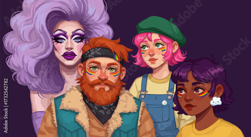 Diverse group of friends celebrating pride with rainbow face paint and colorful hair