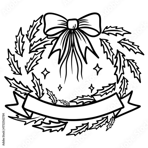Christmas Wreath Line Art with Bow and Ribbon, Holiday Decoration Vector
