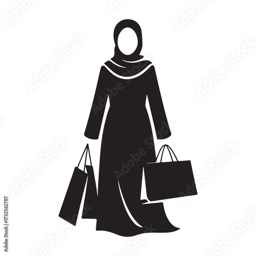 Woman wearing hijab and abaya holding shopping bags silhouette