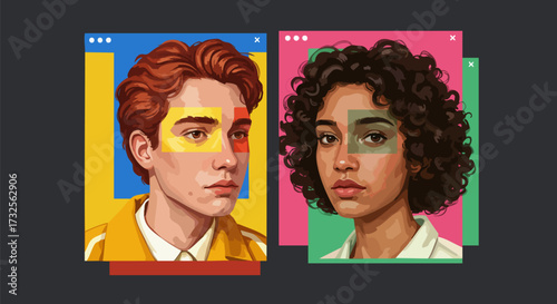 Two diverse individuals connected through digital windows in a modern art style