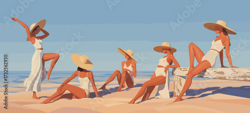 A vibrant image of a group of stylish women in swimsuits enjoying a sunny beach day, showcasing their bond and the spirit of summer with ocean waves crashing gently in the background.