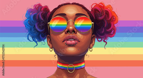 Confident woman with rainbow hair and glasses expressing pride and individuality