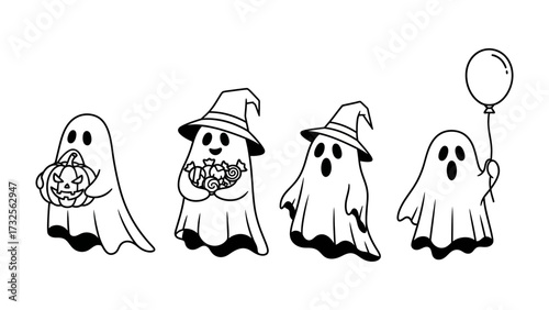 Halloween Ghost Parade: A charming line-up of cute, illustrated ghosts embodying the fun and spooky spirit of Halloween, some holding a pumpkin or candy.