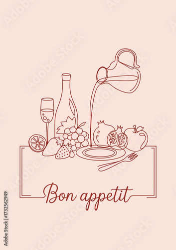 This charming 'Bon Appetit' illustration features an array of fruits alongside wine and a pitcher, inviting viewers to indulge in delightful culinary experiences.