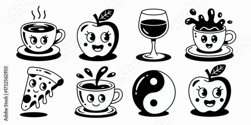 This lively and colorful image features charming food characters like coffee cups, apples, and pizza, radiating joy and playfulness through their unique artistic style.