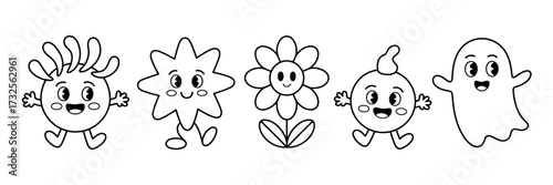 This charming illustration features five adorable cartoon characters, each with unique designs, radiating joy, friendship, and a whimsical, childlike spirit.